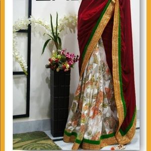 Deep pink velvet half & half saree & yellow blouse